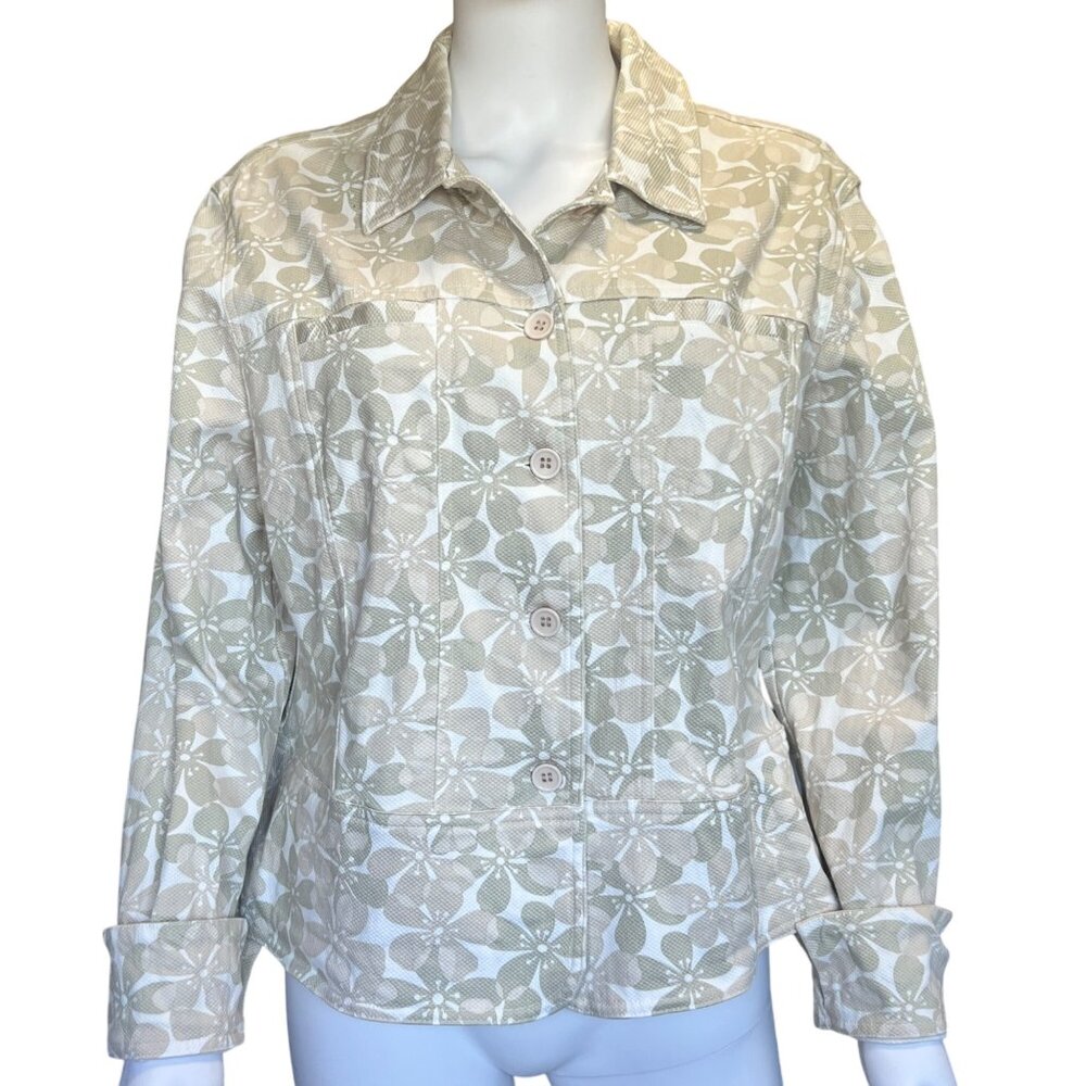Lemon Grass Studio Floral Textured Button-Up Beige & Green Jacket Womens Size XL